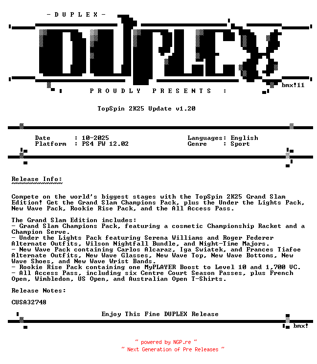 NFO for the release TopSpin.2K25.Update.v1.20.PS4-DUPLEX by DUPLEX