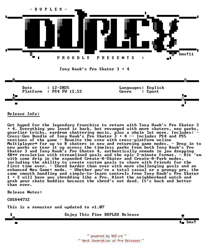 NFO for the release Tony.Hawks.Pro.Skater.3.plus.4.PS4-DUPLEX by DUPLEX