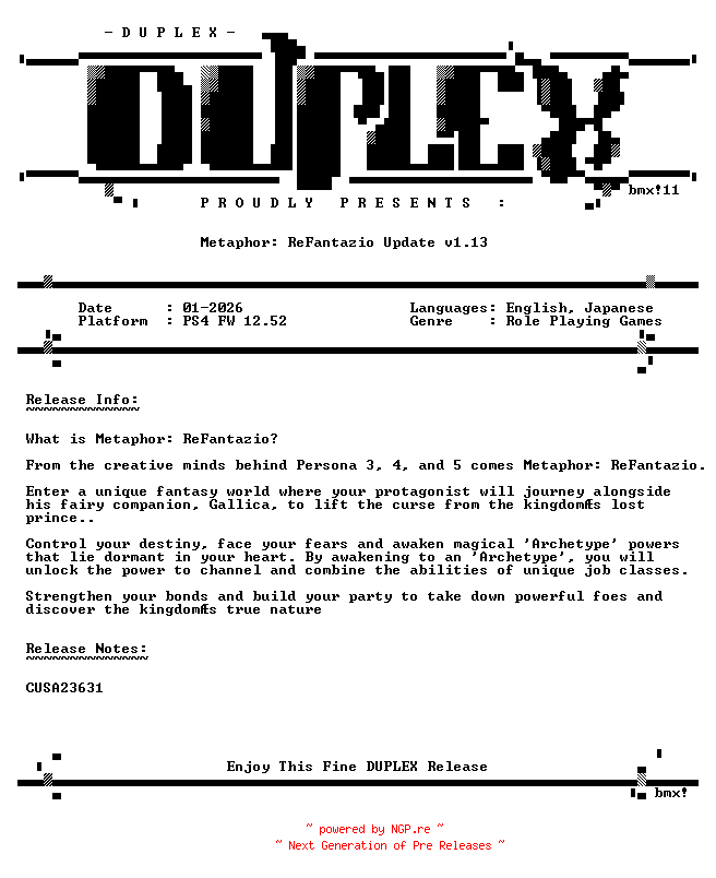 NFO for the release Metaphor.ReFantazio.Update.v1.13.PS4-DUPLEX by DUPLEX
