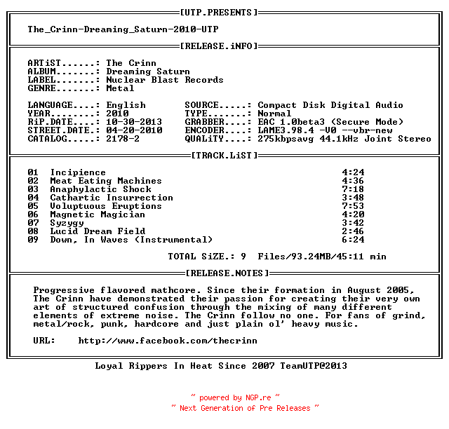 NFO for the release the_crinn-dreaming_saturn-2010-utp by utp