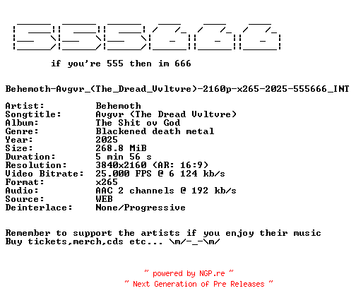 NFO for the release Behemoth-Avgvr_(The_Dread_Vvltvre)-2160p-x265-2025-555666_INT by 555666_INT