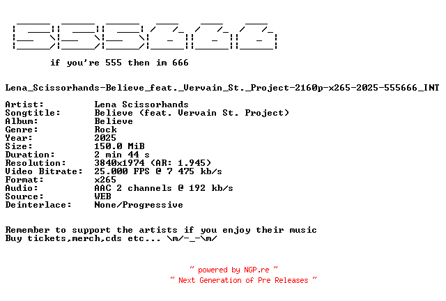 NFO for the release Lena_Scissorhands-Believe_feat._Vervain_St._Project-2160p-x265-2025-555666_INT by 555666_INT