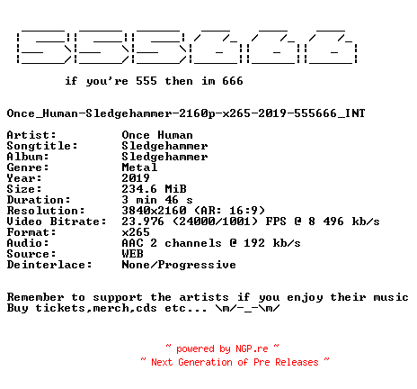 NFO for the release Once_Human-Sledgehammer-2160p-x265-2019-555666_INT by 555666_INT