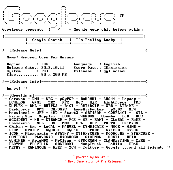 NFO for the release Armored_Core_For_Answer_EUR_PS3-Googlecus by Googlecus