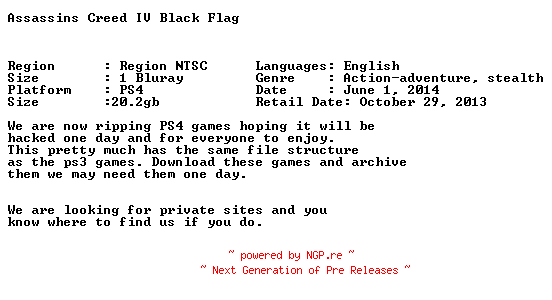 NFO for the release Assassins.Creed.IV.Black.Flag.PS4-WaYsTeD by WaYsTeD