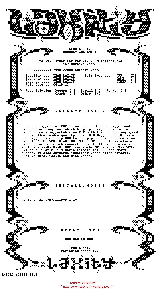 NFO for the release Aura.DVD.Ripper.for.PSP.v1.6.2.Multilanguage-LAXiTY by LAXiTY