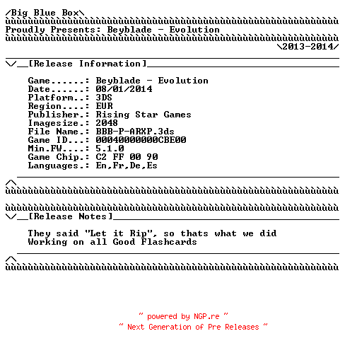 NFO for the release Beyblade.Evolution.EUR.3DS-BigBlueBox by BigBlueBox