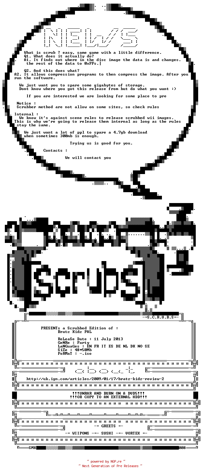 NFO for the release Bratz.kids.Pal.Wii.Scrubbed.2275Mb.Internal-SCRUBS by SCRUBS