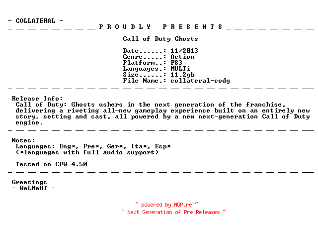 NFO for the release Call.of.Duty.Ghosts.EUR.PS3-COLLATERAL by COLLATERAL