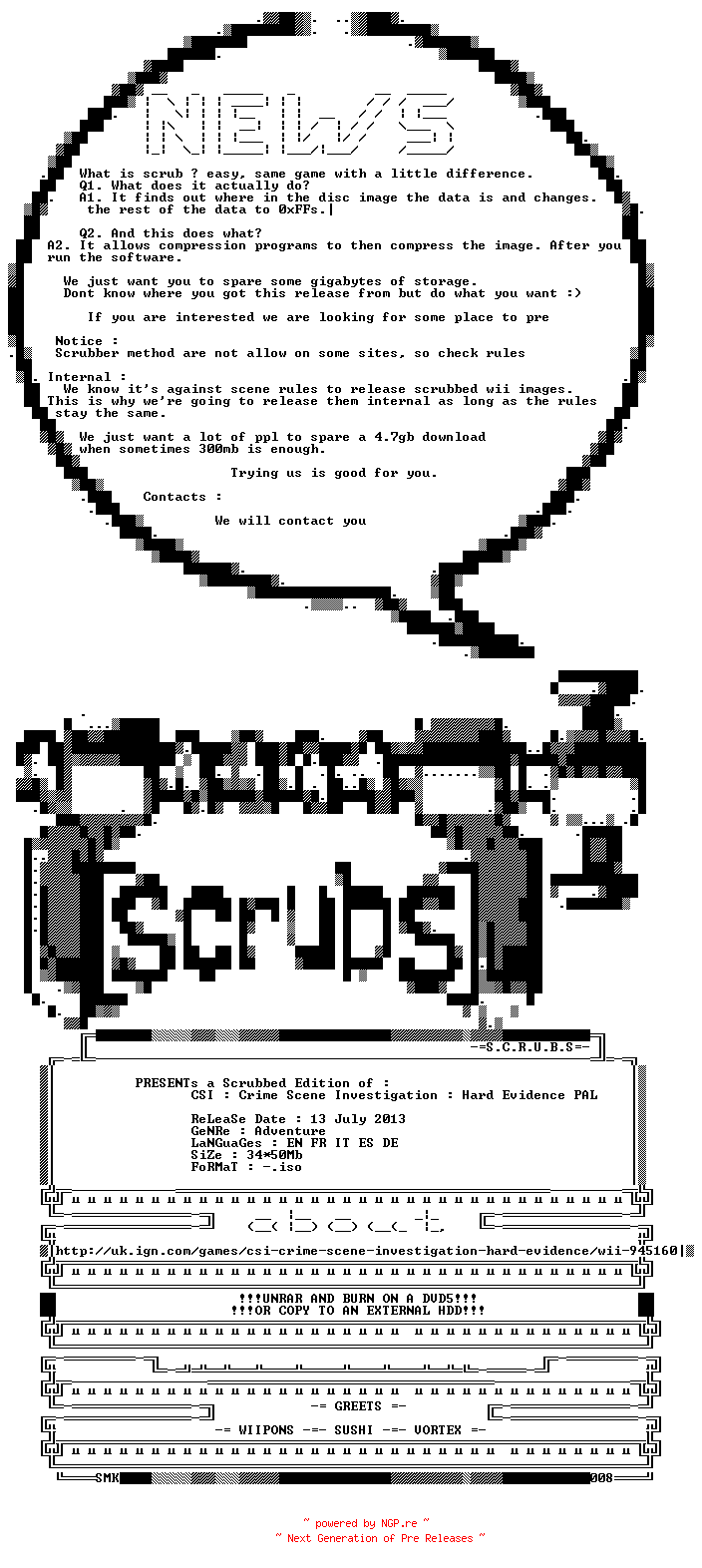 NFO for the release CSI.Hard.Evidence.Pal.Wii.Scrubbed.1618Mb.Internal-SCRUBS by SCRUBS