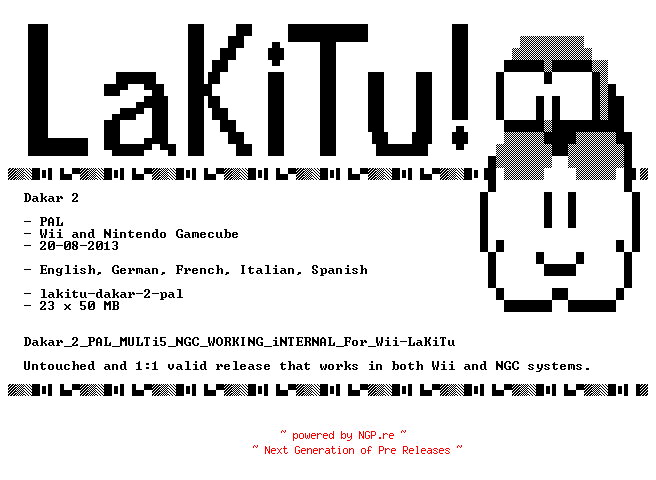 NFO for the release Dakar_2_PAL_MULTi5_NGC_WORKING_iNTERNAL_For_Wii-LaKiTu by LaKiTu