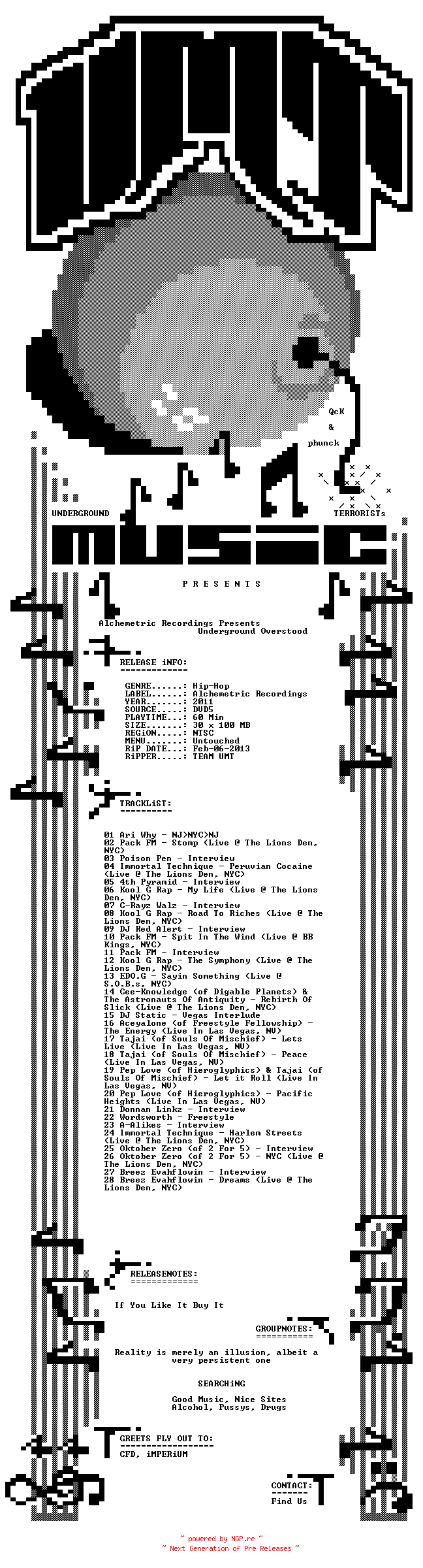 NFO for the release Alchemetric.Recordings.Presents.Underground.Overstood.2011.BONUS.NTSC.MDVDR-UMT by UMT