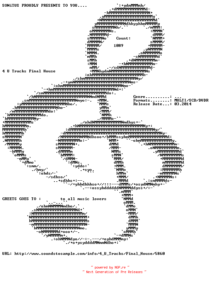 NFO for the release 4.U.Tracks.Final.House.MULTiFORMAT.SCD.DVDR-SONiTUS by SONiTUS