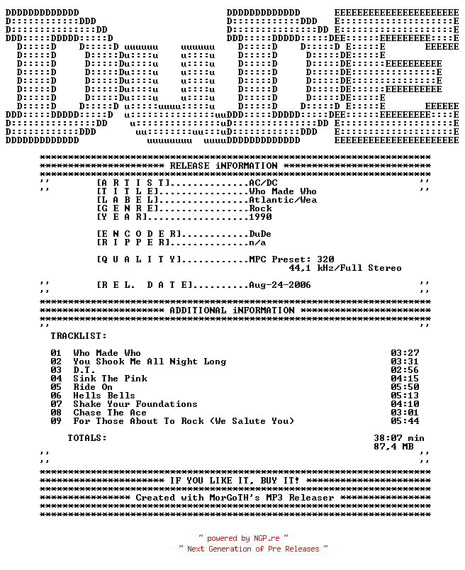 NFO for the release AC-DC-Who_Made_Who-1990-DuDE by DuDE