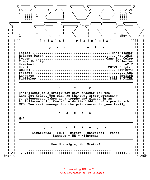 NFO for the release Annihilator_v2.7_GBC-bADkARMA by bADkARMA