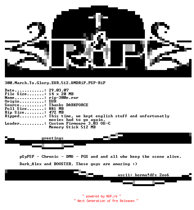 NFO for the release 300.March.To.Glory.EUR.512.UMDRiP.PSP-RiP by RiP