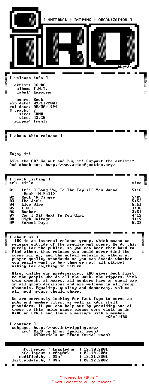 NFO for the release AC-DC-T.N.T.-1994-iRO by iRO