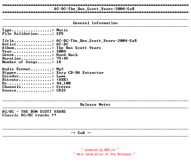 NFO for the release AC-DC-The_Bon_Scott_Years-2004-SaR by SaR