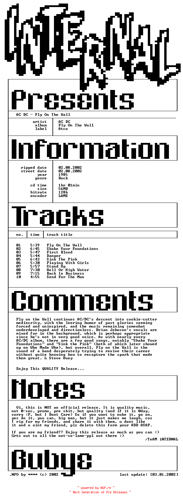 NFO for the release AC_DC-Fly_On_The_Wall-iNT by iNT