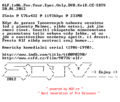 NFO for the release ALF.1x06.For.Your.Eyes.Only.DVB.XviD.CZ-SDTV by SDTV