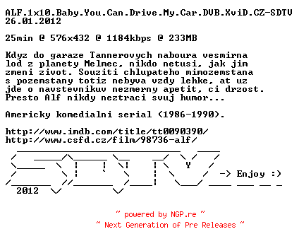 NFO for the release ALF.1x10.Baby.You.Can.Drive.My.Car.DVB.XviD.CZ-SDTV by SDTV
