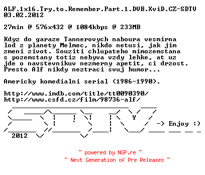 NFO for the release ALF.1x16.Try.to.Remember.Part.1.DVB.XviD.CZ-SDTV by SDTV