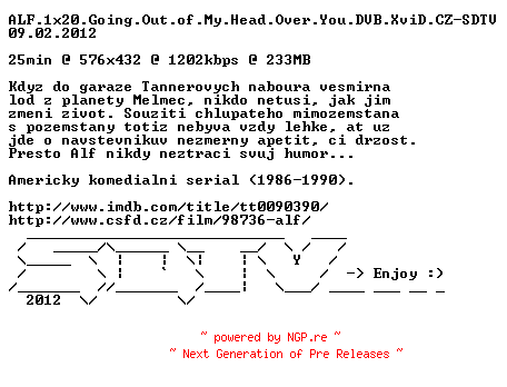 NFO for the release ALF.1x20.Going.Out.of.My.Head.Over.You.DVB.XviD.CZ-SDTV by SDTV