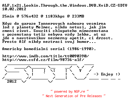 NFO for the release ALF.1x21.Lookin.Through.the.Windows.DVB.XviD.CZ-SDTV by SDTV