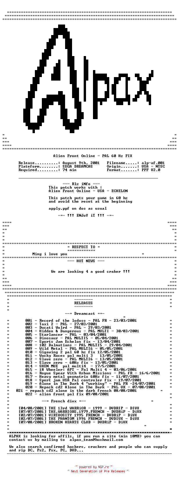 NFO for the release ALiEN_FRONT_ONLiNE-PAL_FiX-DC-ALPAX by ALPAX