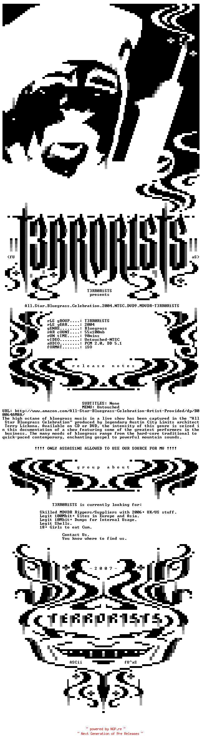 NFO for the release All.Star.Bluegrass.Celebration.2004.NTSC.DVD9.MDVDR-T3RR0R1STS by T3RR0R1STS