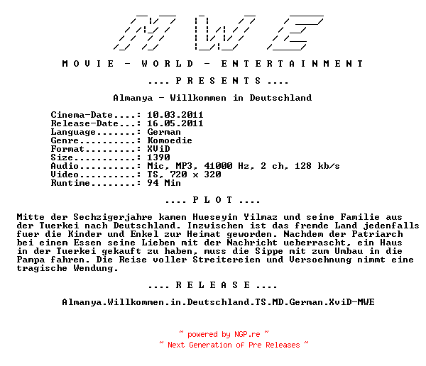 NFO for the release Almanya.Willkommen.in.Deutschland.TS.MD.German.XviD-MWE by MWE
