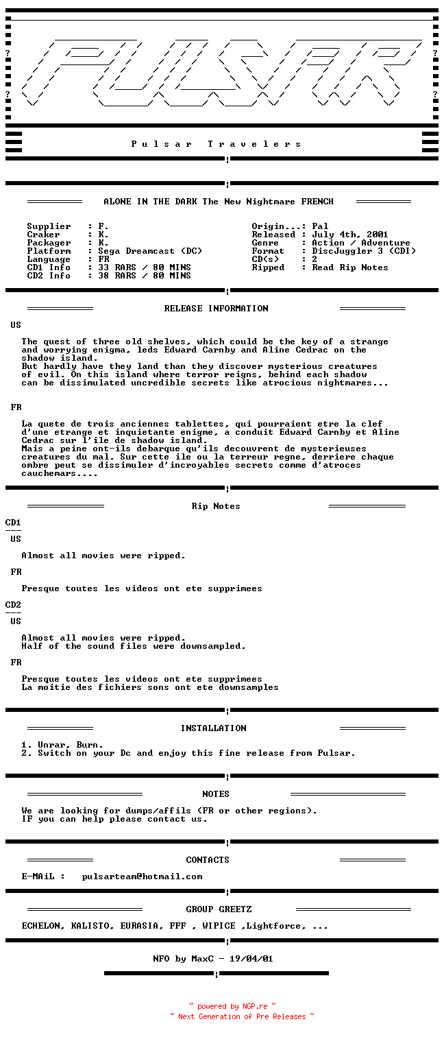 NFO for the release Alone_In_The_Dark_The_New_Nightmare_French_PAL_DC-PULSAR by PULSAR