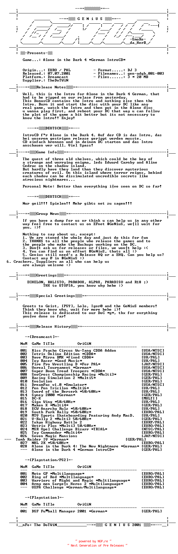 NFO for the release Alone_In_The_Dark_The_New_Nightmare_German_IntroCD_PAL_DC-GENIUS by GENIUS