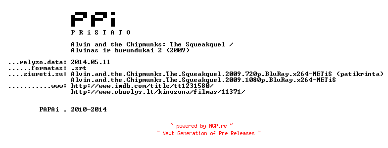 NFO for the release Alvin.And.The.Chipmunks.The.Squeakquel.2009.LT.SUBPACK-PPi by PPi