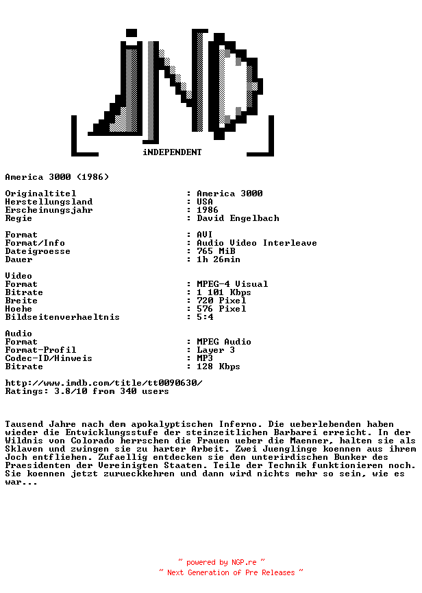 NFO for the release America.3000.German.1986.TV-RiP.XViD-iND by iND