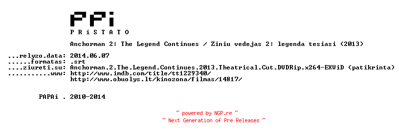 NFO for the release Anchorman.2.The.Legend.Continues.2013.THEATRiCAL.LT.SUBPACK-PPi by PPi