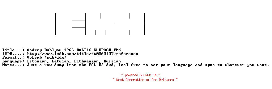 NFO for the release Andrey.Rublyov.1966.BALTiC.SUBPACK-EMX by EMX