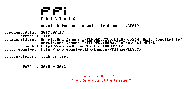 NFO for the release Angels.And.Demons.2009.REPACK.LT.SUBPACK-PPi by PPi