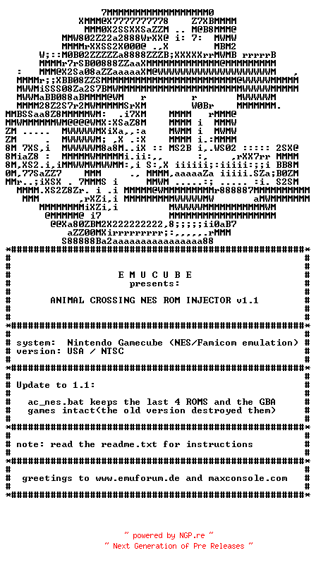 NFO for the release Animal_Crossing_NES_ROM_INJECTOR_V1.1-EMUCUBE by EMUCUBE