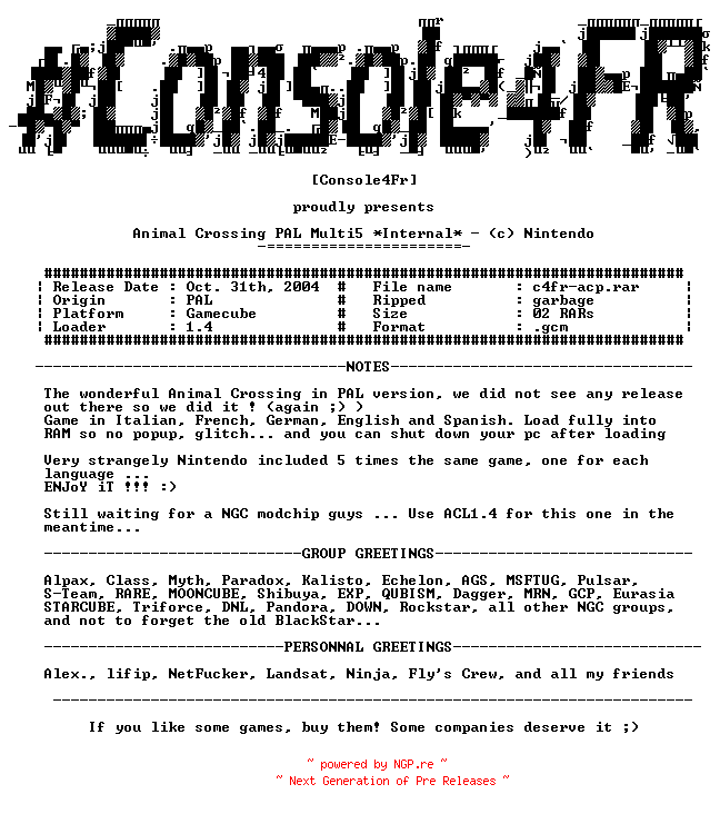 NFO for the release Animal_Crossing_PAL_MULTI5_NGC_INTERNAL-CONSOLE4FR by CONSOLE4FR
