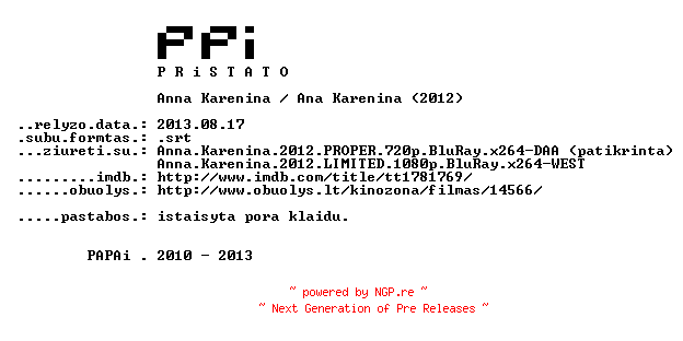 NFO for the release Anna.Karenina.2012.REPACK.LT.SUBPACK-PPi by PPi