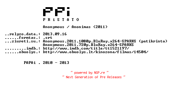 NFO for the release Anonymous.2011.LT.SUBPACK-PPi by PPi