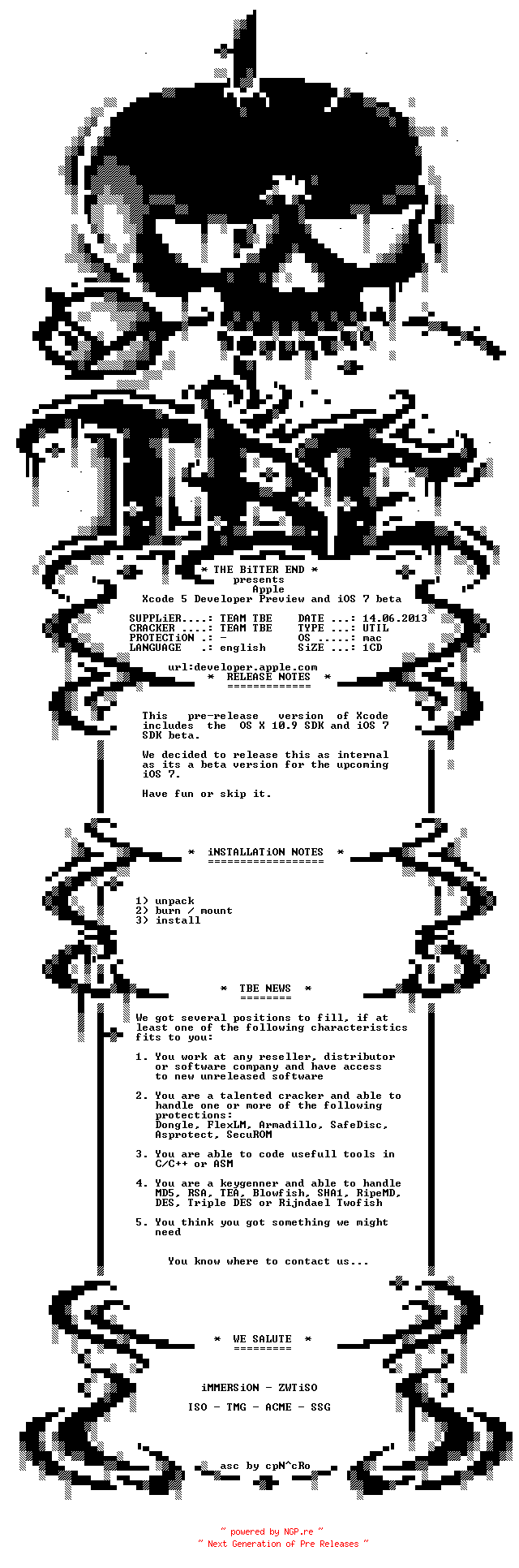 NFO for the release Apple.Xcode.v5.Developer.Preview.and.iOS.SDK.v7.Beta.INTERNAL.MACOSX.ISO-TBE by TBE