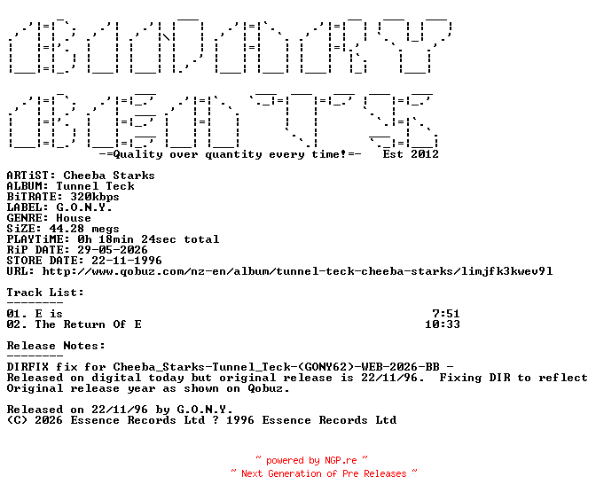 NFO for the release Cheeba_Starks-Tunnel_Teck-(GONY62)-DIRFIX-WEB-1996-BB by BB