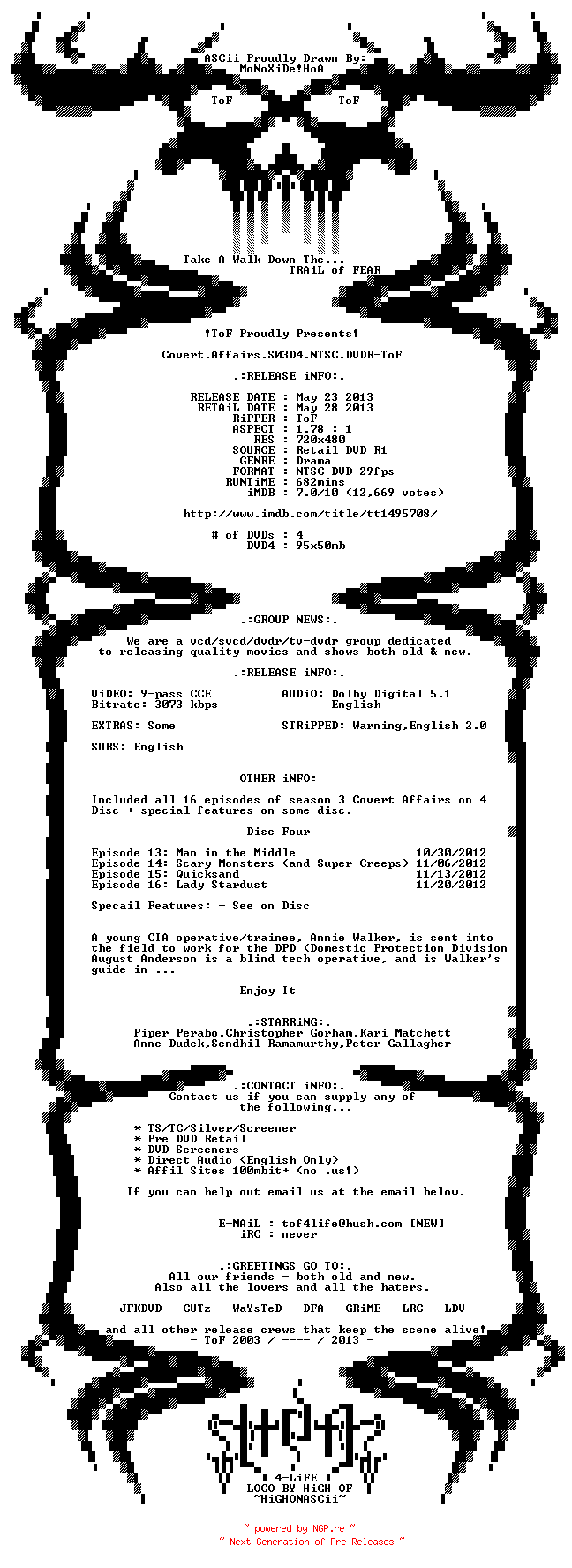 NFO for the release Covert.Affairs.S03D4.NTSC.DVDR-ToF by ToF
