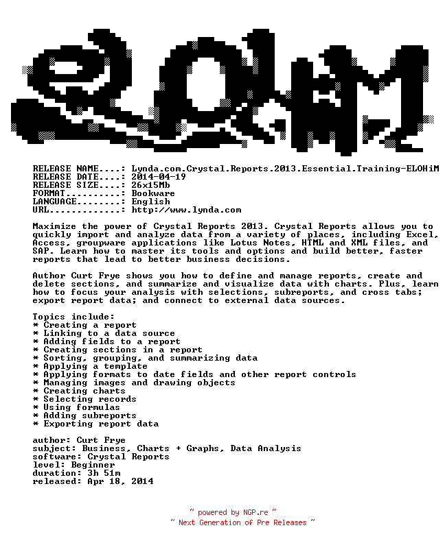 NFO for the release Lynda.com.Crystal.Reports.2013.Essential.Training-ELOHiM by ELOHiM