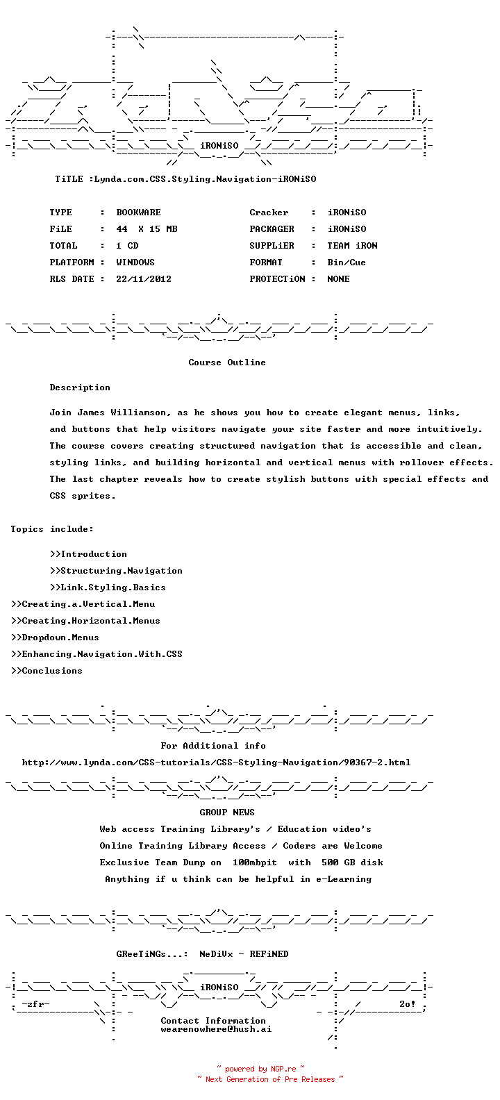 NFO for the release Lynda.Com.CSS.Styling.Navigation-iRONiSO by iRONiSO