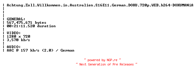 NFO for the release Achtung.Zoll.Willkommen.in.Australien.S16E11.German.DOKU.720p.WEB.h264-DOKUMANiA by DOKUMANiA
