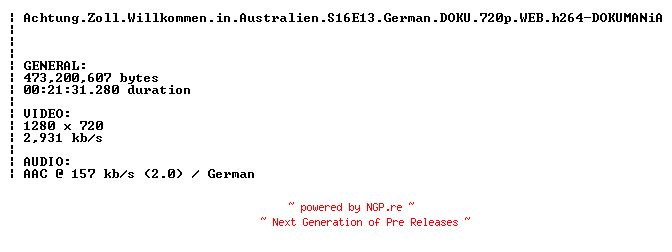 NFO for the release Achtung.Zoll.Willkommen.in.Australien.S16E13.German.DOKU.720p.WEB.h264-DOKUMANiA by DOKUMANiA