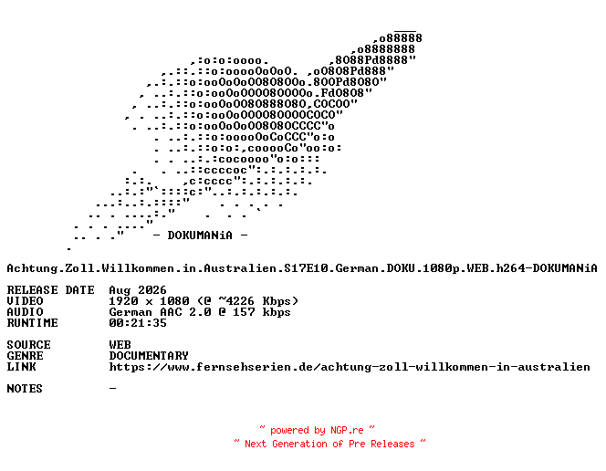 NFO for the release Achtung.Zoll.Willkommen.in.Australien.S17E10.German.DOKU.1080p.WEB.h264-DOKUMANiA by DOKUMANiA